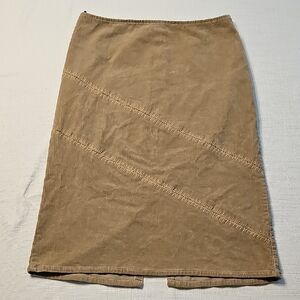 Helium Vintage Y2K Tan Corduroy Midi Skirt w/ Cross-Stitch Detail | Size L